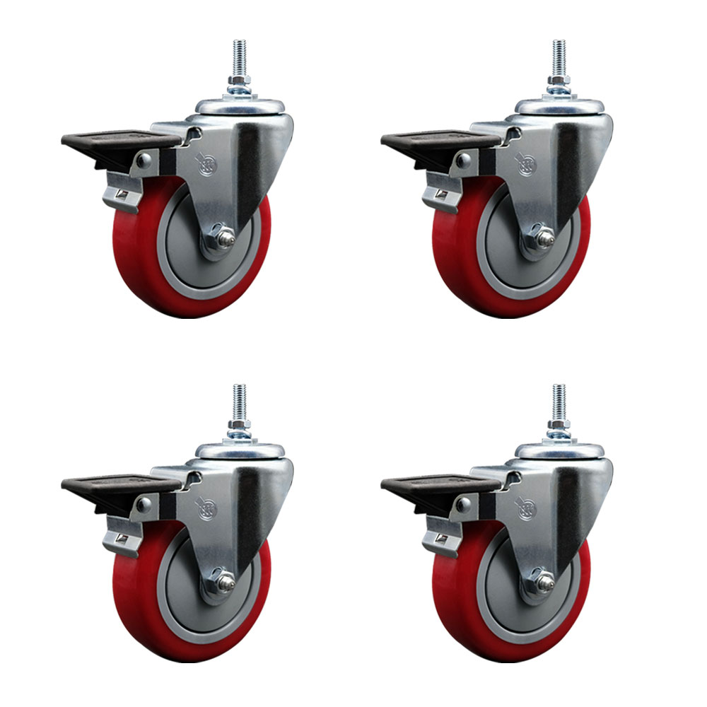 Polyurethane Swivel Threaded Stem Caster Set of 4 w/4" x 1.25" Red Wheels and 3/8" Stems - Includes 4 with Posi Lock Brakes - 1400 lbs Total Capacity - Service Caster Brand — photo 1