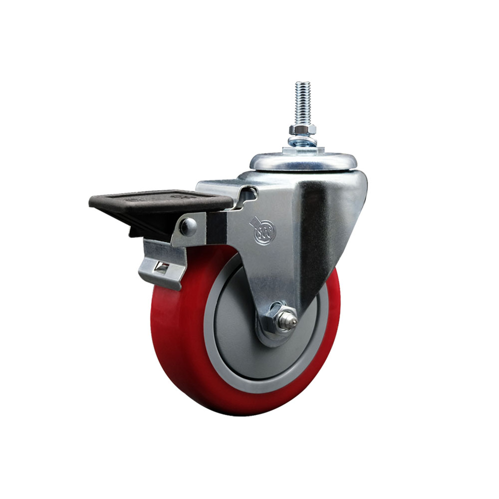 Polyurethane Swivel Threaded Stem Caster w/4" x 1.25" Red Wheel and 3/8" Stem & Posi Locking Brake - 350 lbs Capacity/Caster - Service Caster Brand — photo 1
