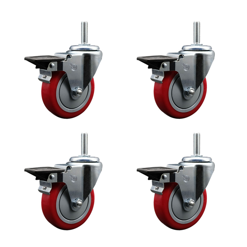 Polyurethane Swivel Threaded Stem Caster Set of 4 w/4" x 1.25" Red Wheels and 5/8" Stems - Includes 4 with Posi Lock Brakes - 1400 lbs Total Capacity - Service Caster Brand — photo 1