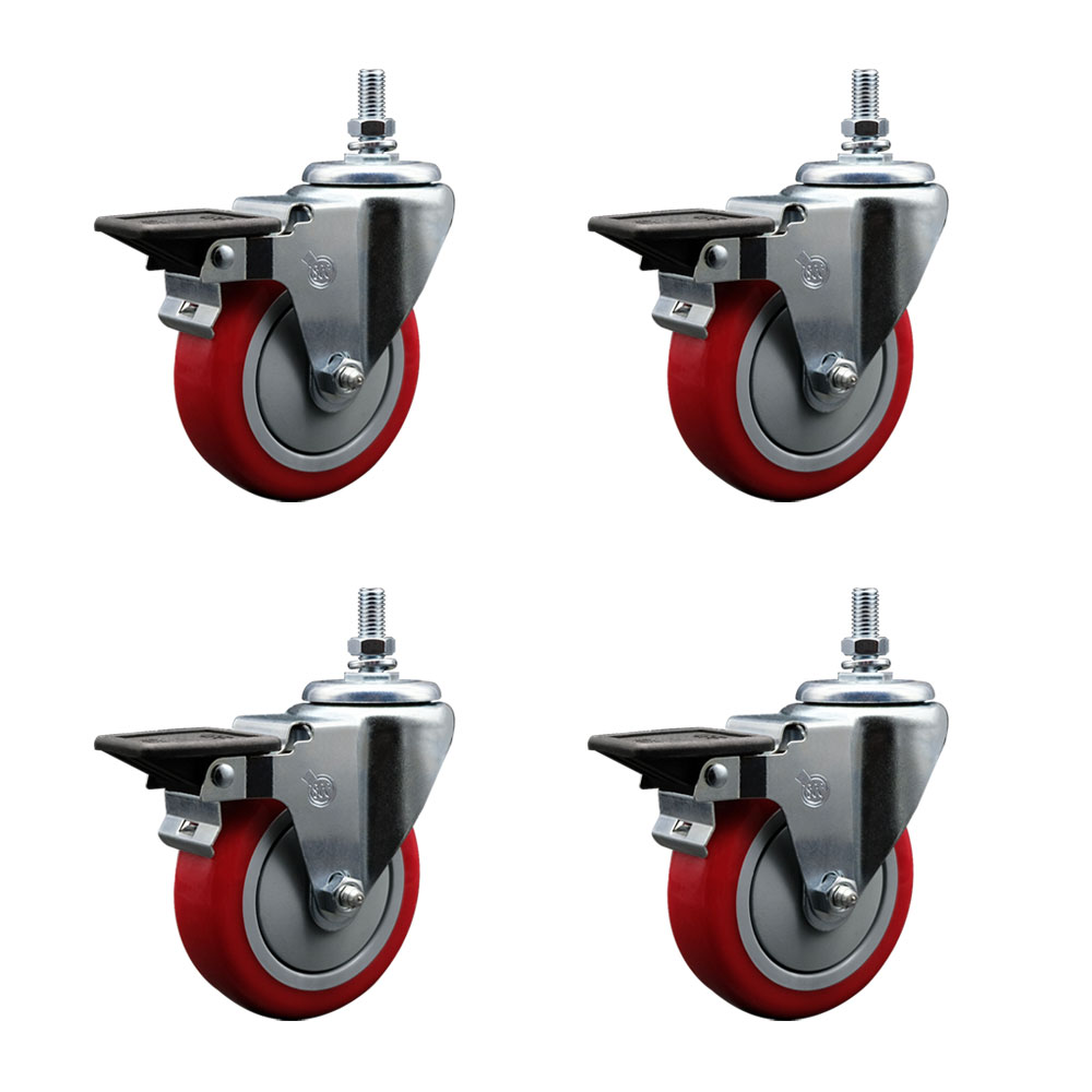 Polyurethane Swivel Threaded Stem Caster Set of 4 w/4" x 1.25" Red Wheels and 10MM Stems - Includes 4 with Posi Lock Brakes - 1400 lbs Total Capacity - Service Caster Brand — photo 1