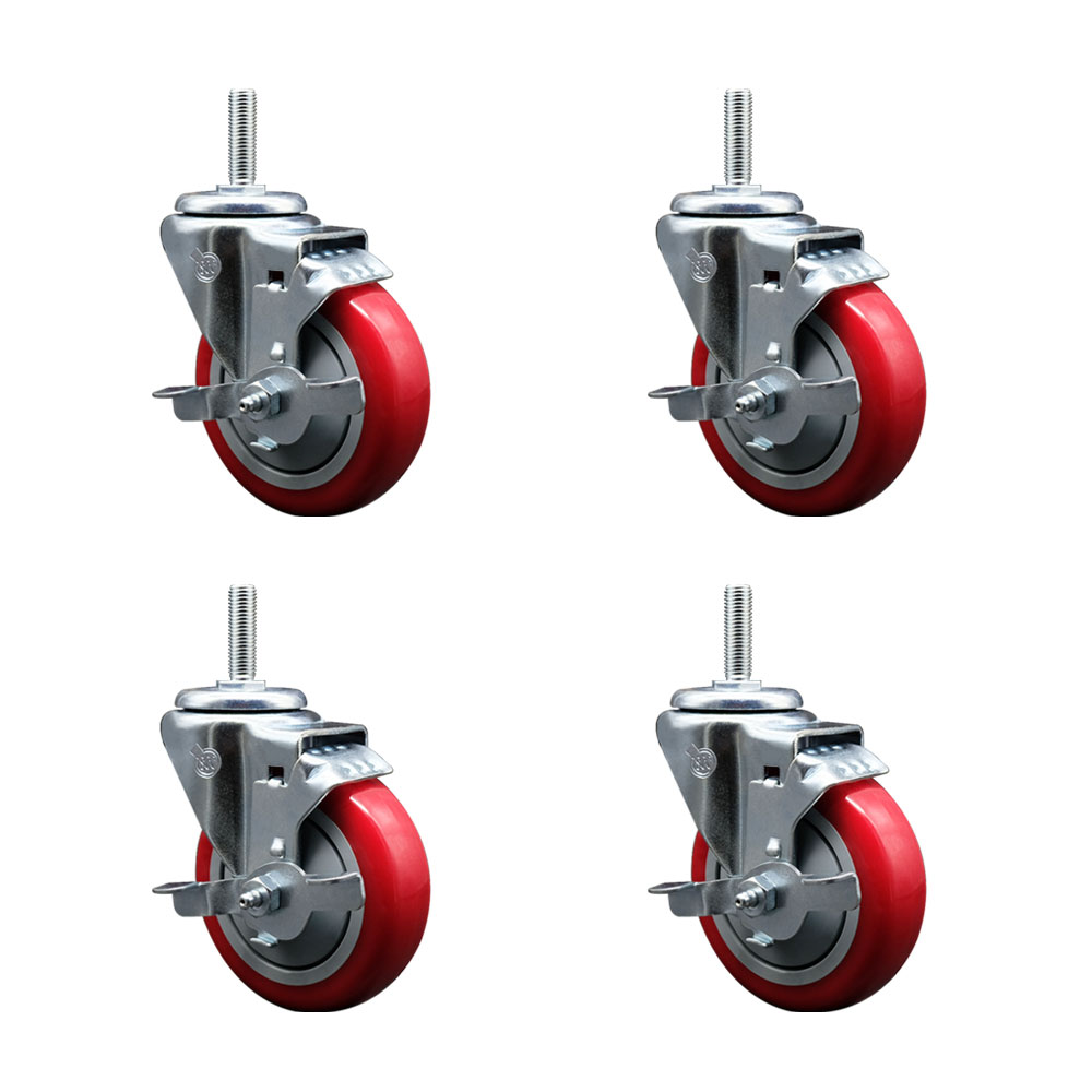 Polyurethane Swivel Threaded Stem Caster Set of 4 w/4" x 1.25" Red Wheels and 3/4" Stems - Includes 4 with Top Lock Brakes - 1400 lbs Total Capacity - Service Caster Brand — photo 1