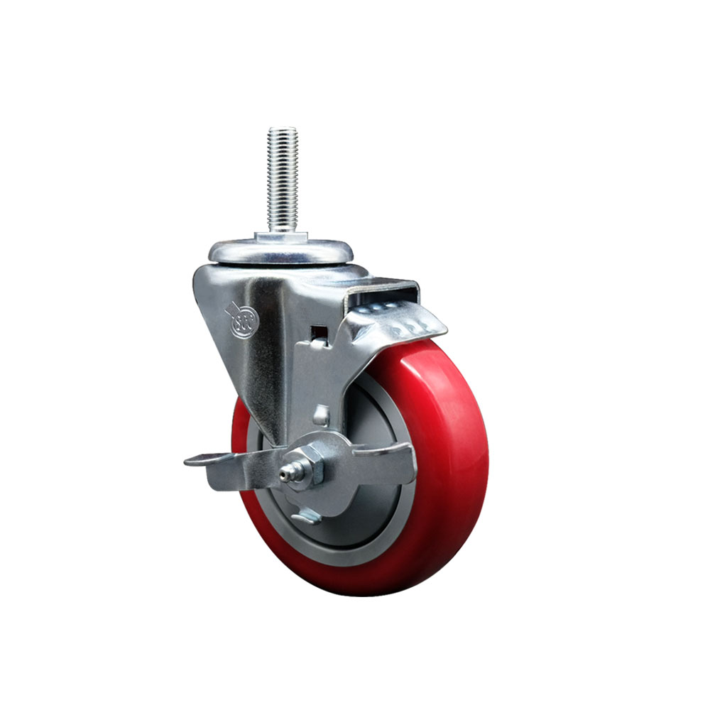 Polyurethane Swivel Threaded Stem Caster w/4" x 1.25" Red Wheel and 5/8" Stem & Top Locking Brake - 350 lbs Capacity/Caster - Service Caster Brand — photo 1