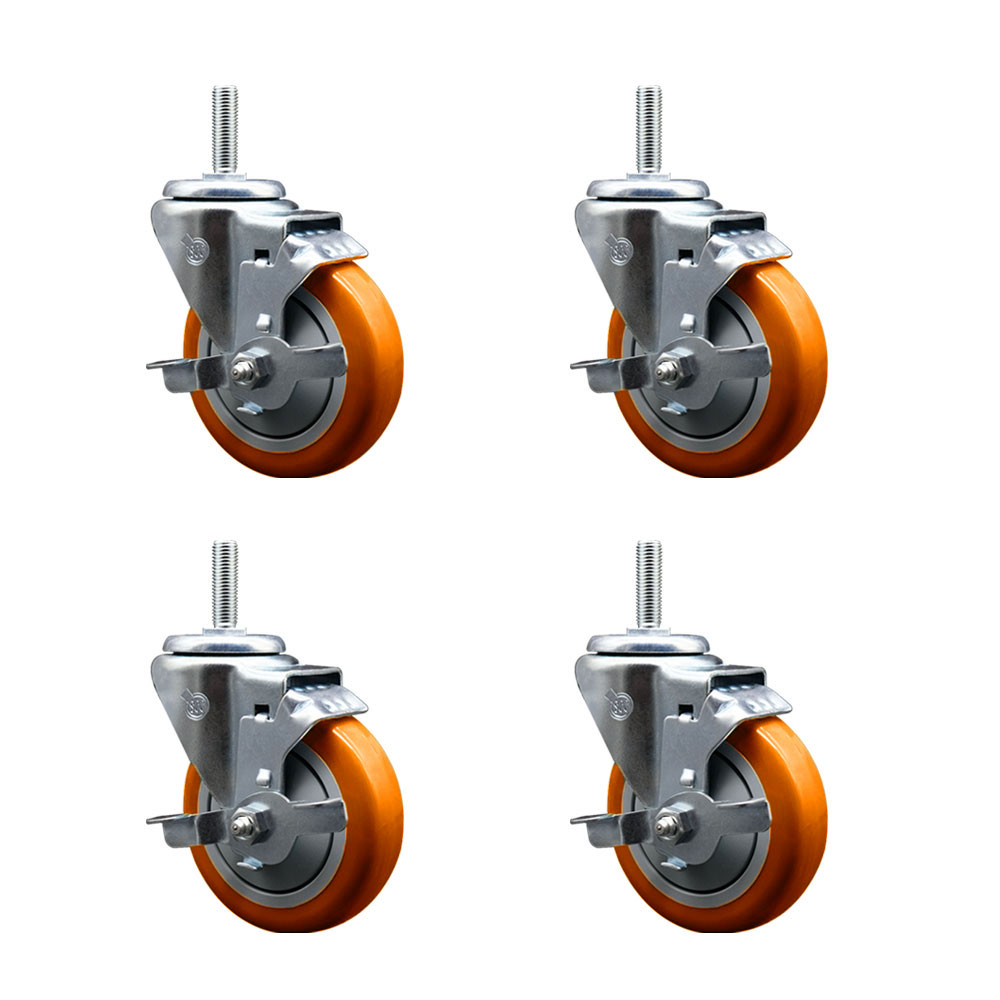 Polyurethane Swivel Threaded Stem Caster Set of 4 w/4" x 1.25" Orange Wheels and 3/4" Stems - Includes 4 with Top Lock Brakes - 1400 lbs Total Capacity - Service Caster Brand — photo 1