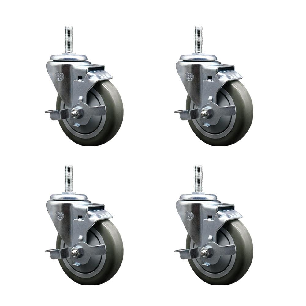 Polyurethane Swivel Threaded Stem Caster Set of 4 w/4" x 1.25" Gray Wheels and 5/8" Stems - Includes 4 with Top Lock Brakes - 1400 lbs Total Capacity - Service Caster Brand — photo 1