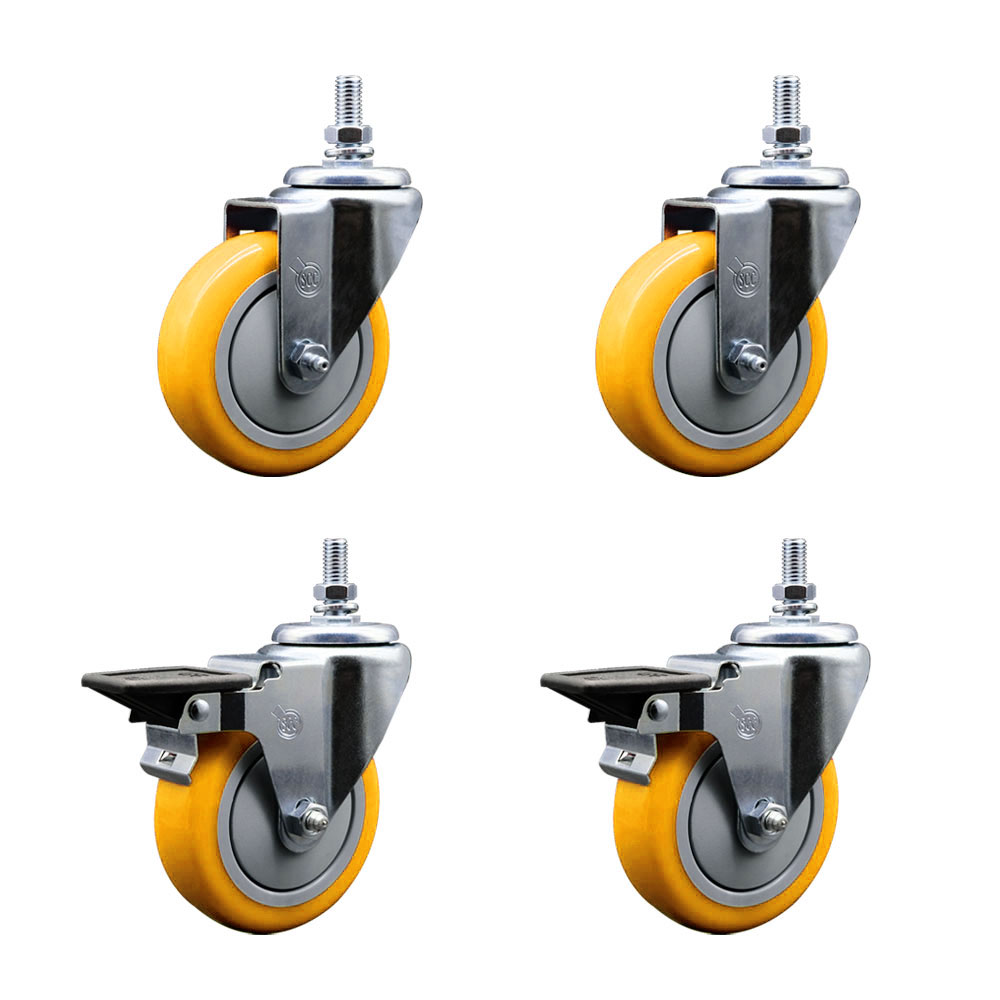 Polyurethane Swivel Threaded Stem Caster Set of 4 w/4" x 1.25" Yellow Wheels and 1/2" Stems - Includes 2 with Posi Locking Brake - 1400 lbs Total Capacity - Service Caster Brand — photo 1