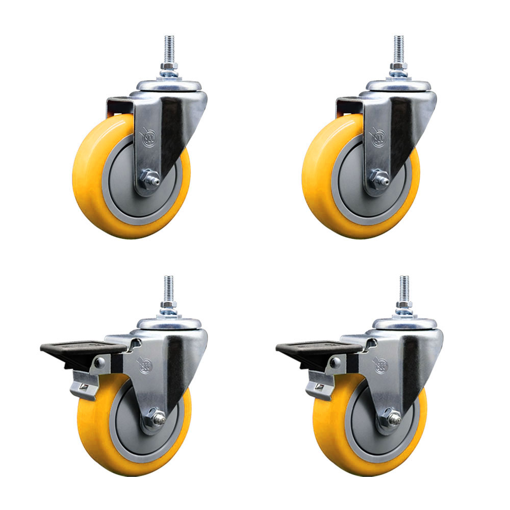 Polyurethane Swivel Threaded Stem Caster Set of 4 w/4" x 1.25" Yellow Wheels and 3/8" Stems - Includes 2 with Posi Locking Brake - 1400 lbs Total Capacity - Service Caster Brand — photo 1