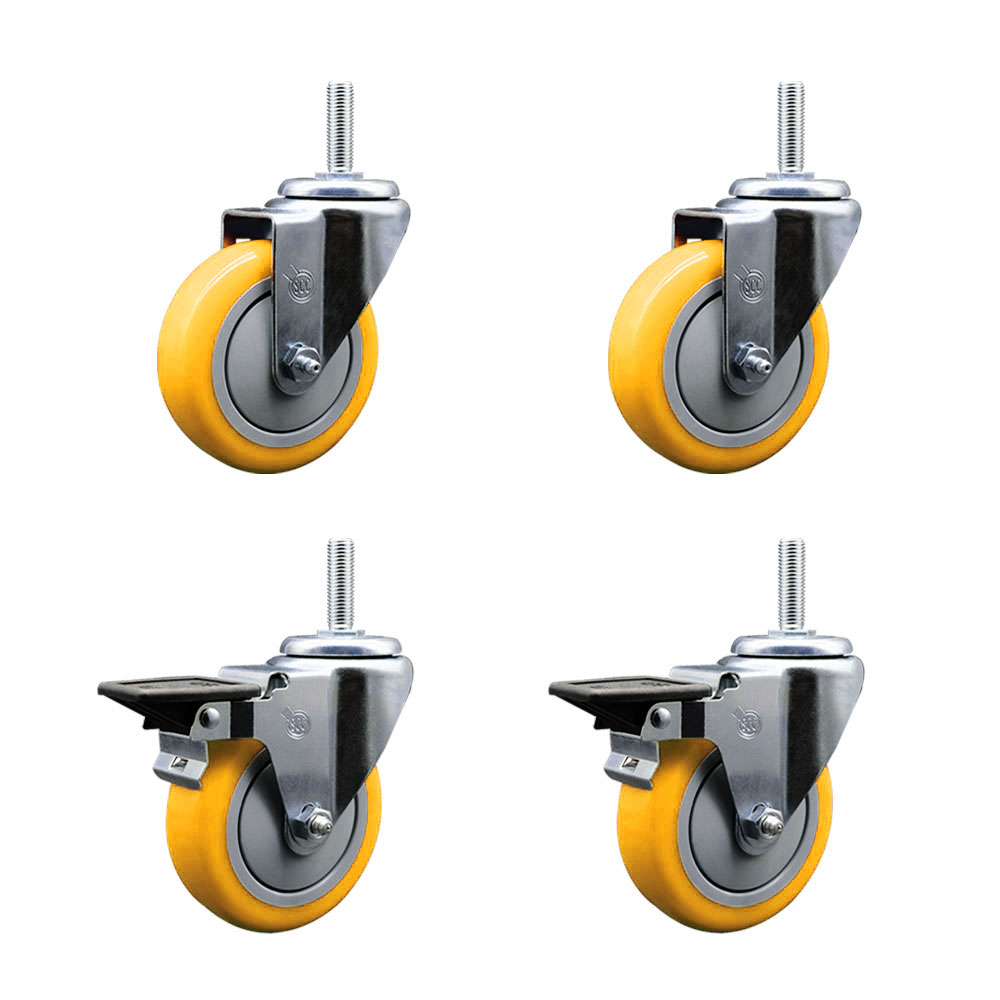 Polyurethane Swivel Threaded Stem Caster Set of 4 w/4" x 1.25" Yellow Wheels and 5/8" Stems - Includes 2 with Posi Locking Brake - 1400 lbs Total Capacity - Service Caster Brand — photo 1