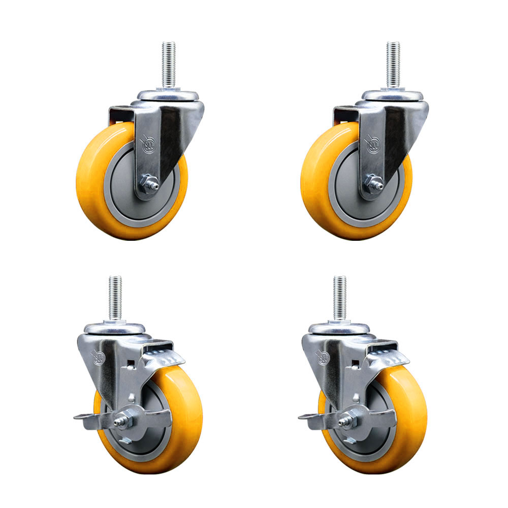 Polyurethane Swivel Threaded Stem Caster Set of 4 w/4" x 1.25" Yellow Wheels and 5/8" Stems - Includes 2 with Top Locking Brake - 1400 lbs Total Capacity - Service Caster Brand — photo 1
