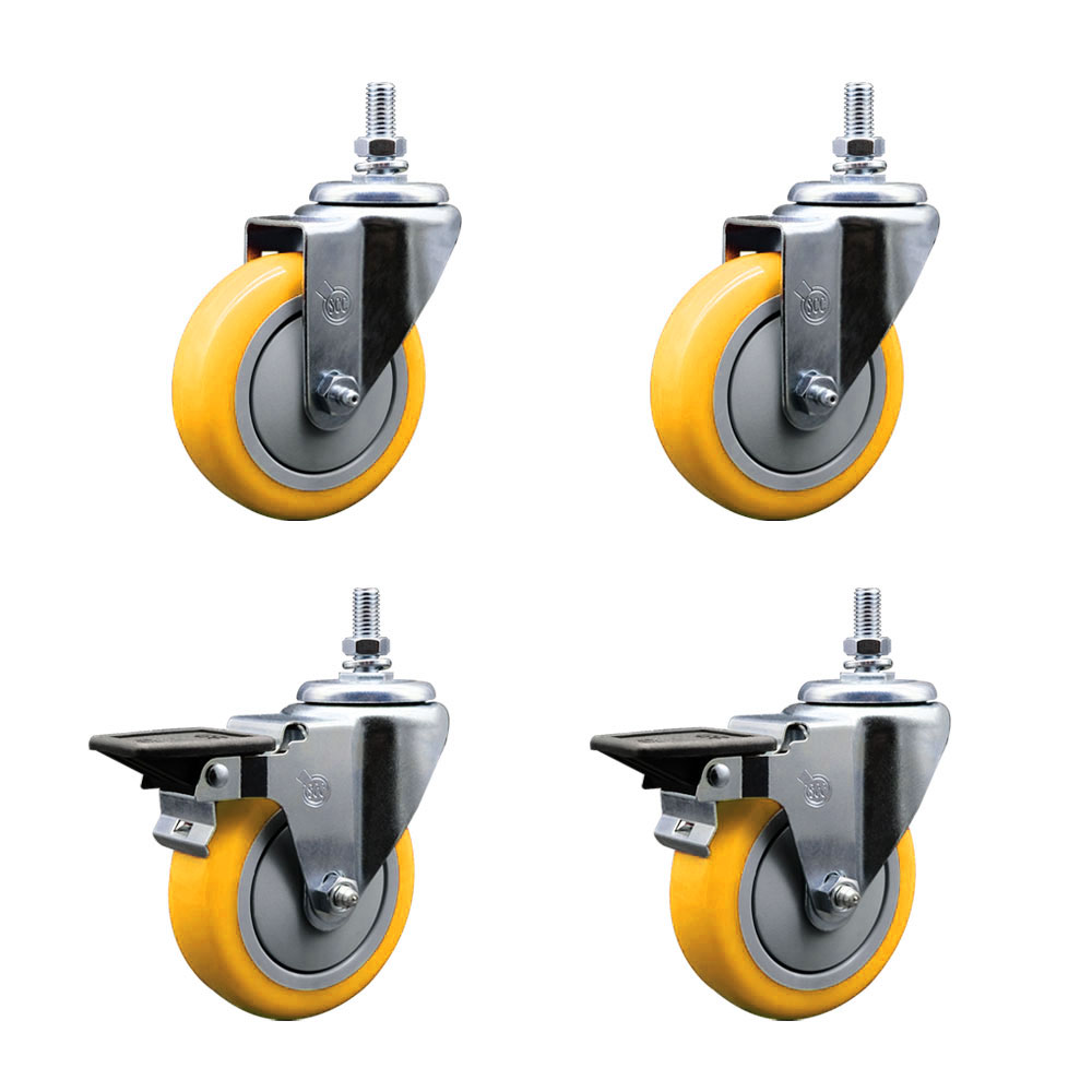 Polyurethane Swivel Threaded Stem Caster Set of 4 w/4" x 1.25" Yellow Wheels and 10MM Stems - Includes 2 with Posi Locking Brake - 1400 lbs Total Capacity - Service Caster Brand — photo 1