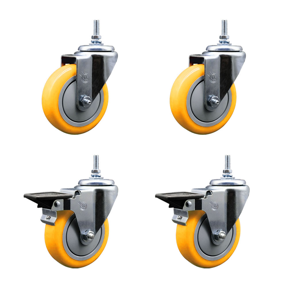 Polyurethane Swivel Threaded Stem Caster Set of 4 w/4" x 1.25" Yellow Wheels and 12MM Stems - Includes 2 with Posi Locking Brake - 1400 lbs Total Capacity - Service Caster Brand — photo 1