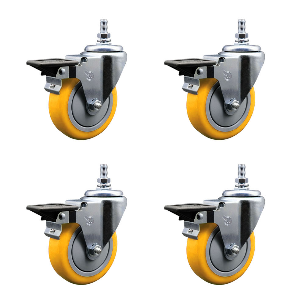 Polyurethane Swivel Threaded Stem Caster Set of 4 w/4" x 1.25" Yellow Wheels and 1/2" Stems - Includes 4 with Posi Lock Brakes - 1400 lbs Total Capacity - Service Caster Brand — photo 1