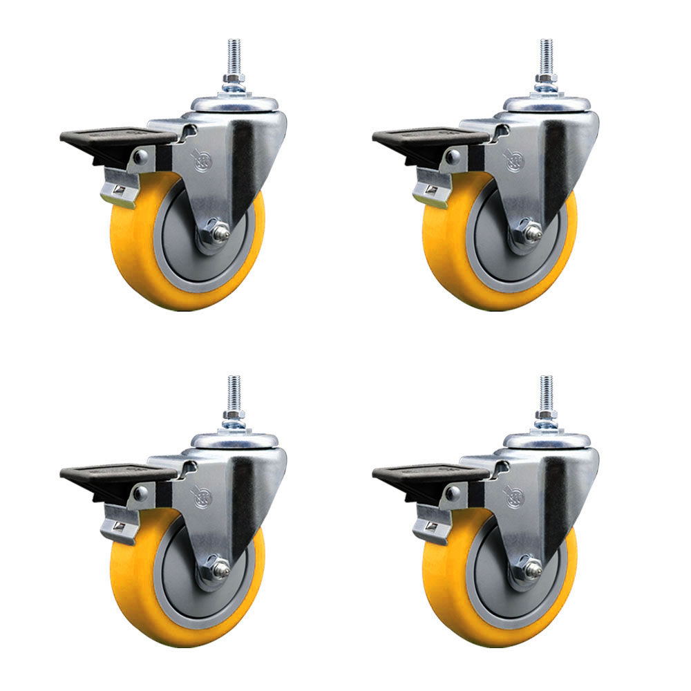 Polyurethane Swivel Threaded Stem Caster Set of 4 w/4" x 1.25" Yellow Wheels and 3/8" Stems - Includes 4 with Posi Lock Brakes - 1400 lbs Total Capacity - Service Caster Brand — photo 1