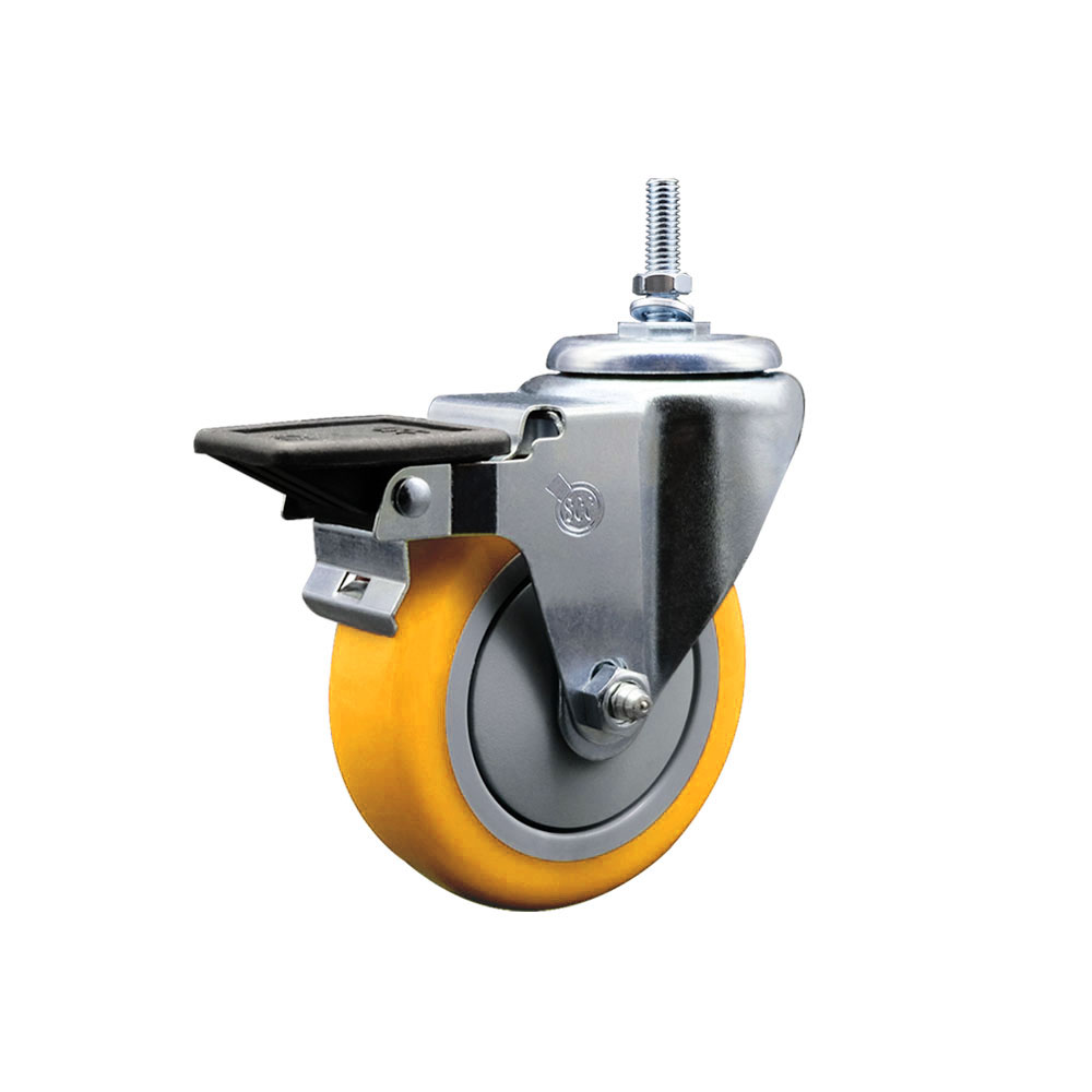 Polyurethane Swivel Threaded Stem Caster w/4" x 1.25" Yellow Wheel and 3/8" Stem & Posi Locking Brake - 350 lbs Capacity/Caster - Service Caster Brand — photo 1