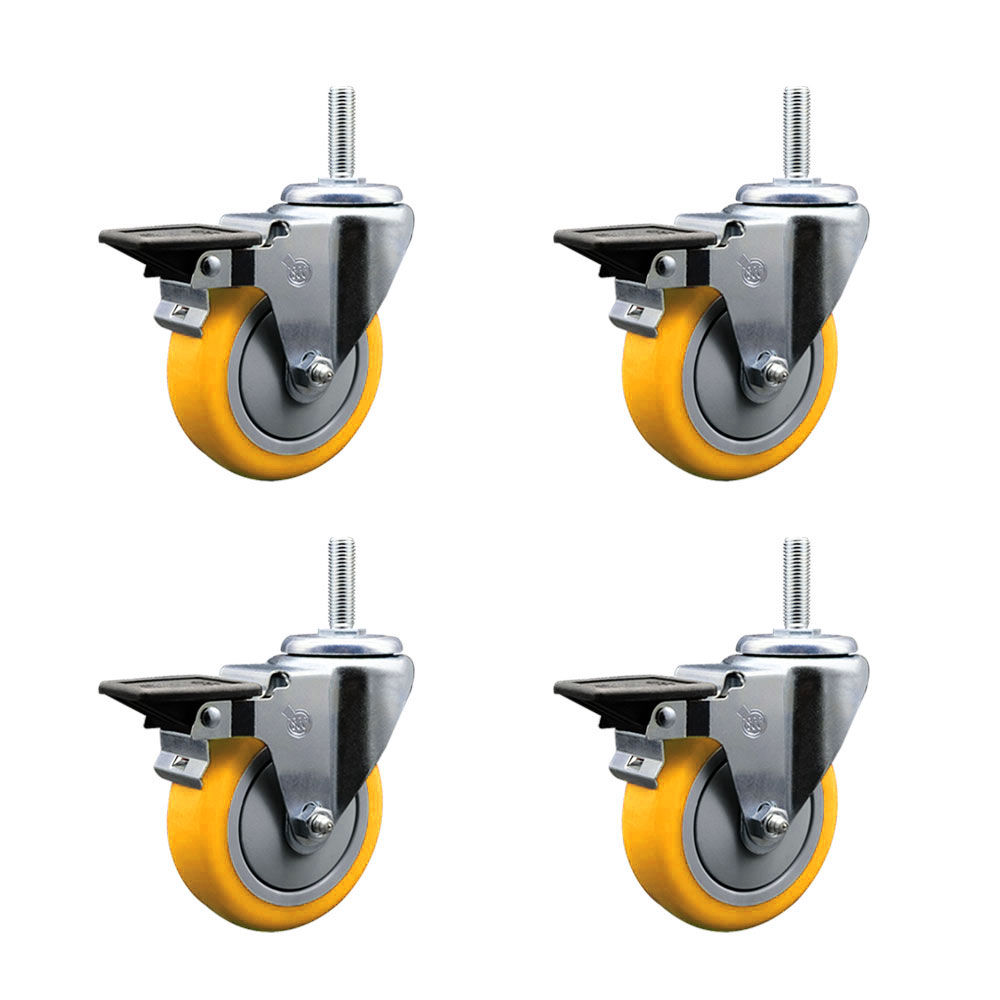 Polyurethane Swivel Threaded Stem Caster Set of 4 w/4" x 1.25" Yellow Wheels and 5/8" Stems - Includes 4 with Posi Lock Brakes - 1400 lbs Total Capacity - Service Caster Brand — photo 1