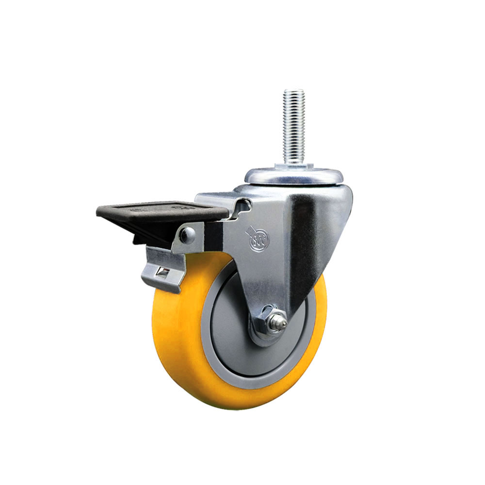 Polyurethane Swivel Threaded Stem Caster w/4" x 1.25" Yellow Wheel and 5/8" Stem & Posi Locking Brake - 350 lbs Capacity/Caster - Service Caster Brand — photo 1