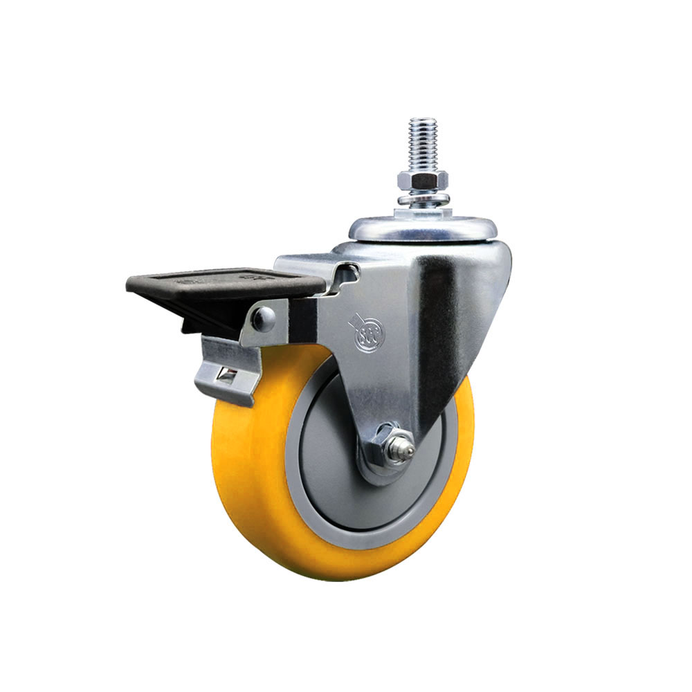 Polyurethane Swivel Threaded Stem Caster w/4" x 1.25" Yellow Wheel and 10MM Stem & Posi Locking Brake - 350 lbs Capacity/Caster - Service Caster Brand — photo 1
