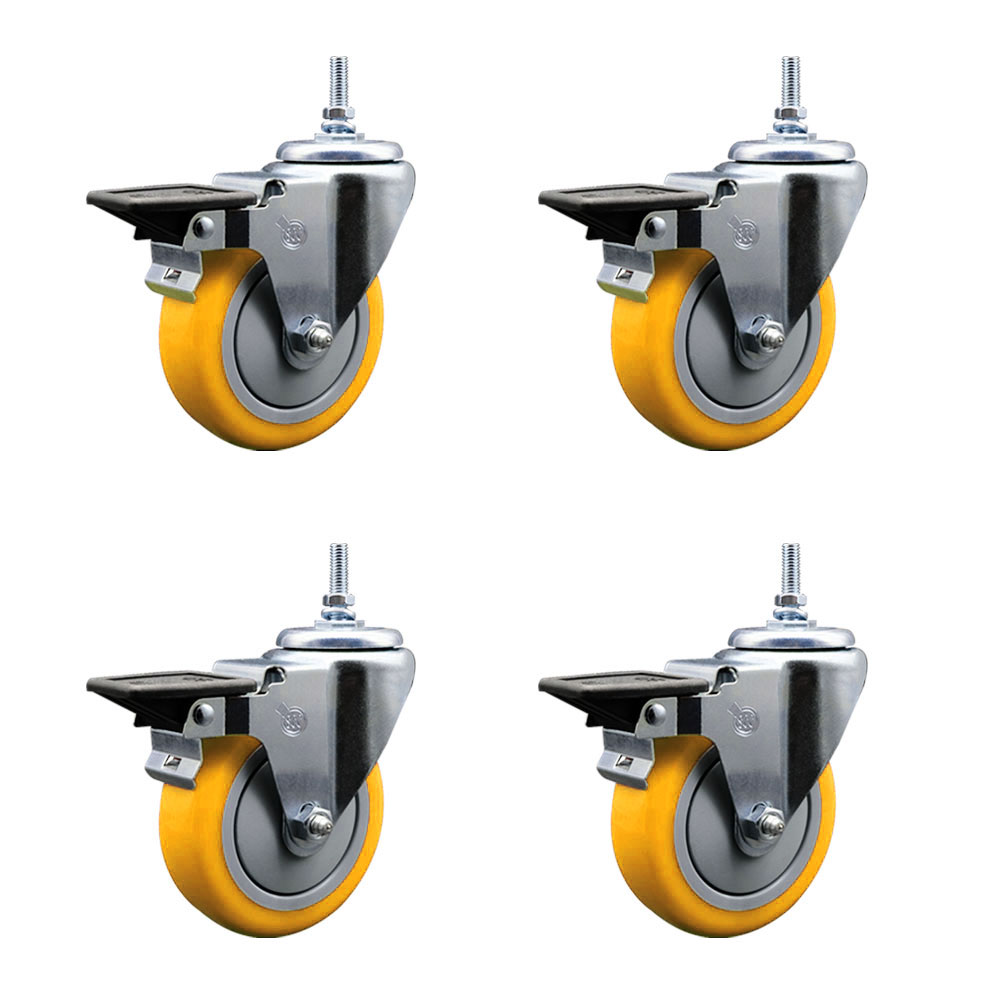 Polyurethane Swivel Threaded Stem Caster Set of 4 w/4" x 1.25" Yellow Wheels and 12MM Stems - Includes 4 with Posi Lock Brakes - 1400 lbs Total Capacity - Service Caster Brand — photo 1