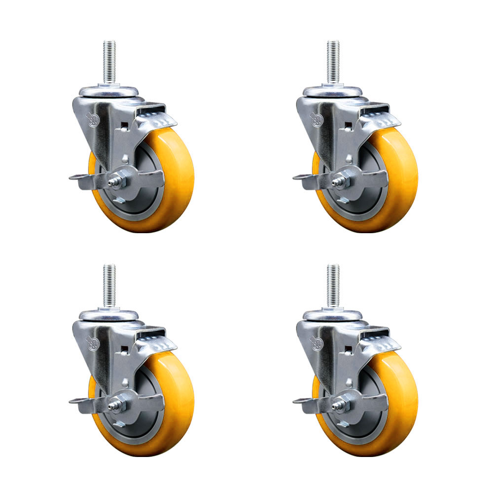 Polyurethane Swivel Threaded Stem Caster Set of 4 w/4" x 1.25" Yellow Wheels and 3/4" Stems - Includes 4 with Top Lock Brakes - 1400 lbs Total Capacity - Service Caster Brand — photo 1