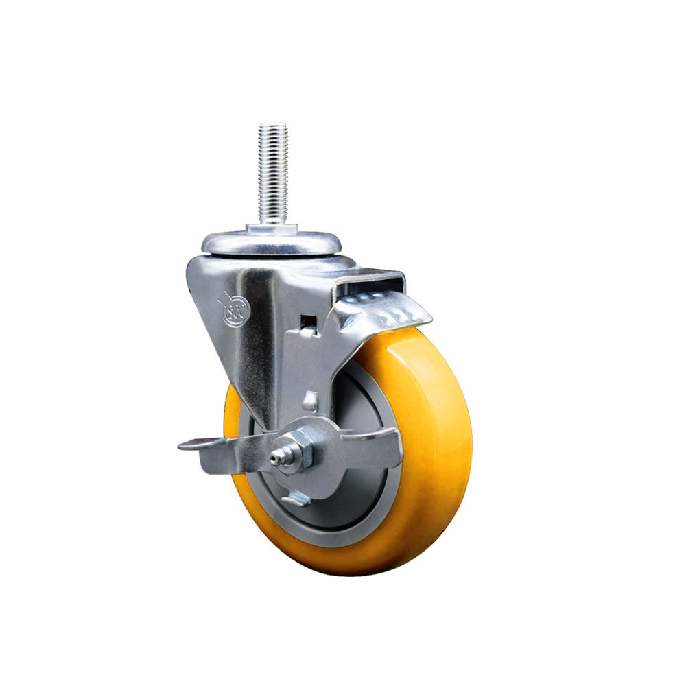 Polyurethane Swivel Threaded Stem Caster w/4" x 1.25" Yellow Wheel and 3/4" Stem & Top Locking Brake - 350 lbs Capacity/Caster - Service Caster Brand — photo 1