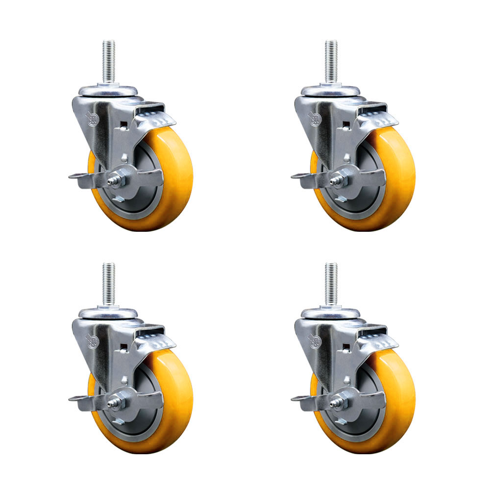 Polyurethane Swivel Threaded Stem Caster Set of 4 w/4" x 1.25" Yellow Wheels and 5/8" Stems - Includes 4 with Top Lock Brakes - 1400 lbs Total Capacity - Service Caster Brand — photo 1