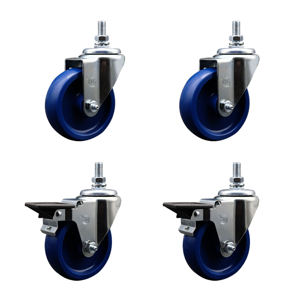 Solid Polyurethane Swivel Threaded Stem Caster Set of 4 w/4" x 1.25" Blue Wheels and 1/2" Stems - Includes 2 with Posi Locking Brake - 1,200 lbs Total Capacity - Service Caster Brand — photo 1