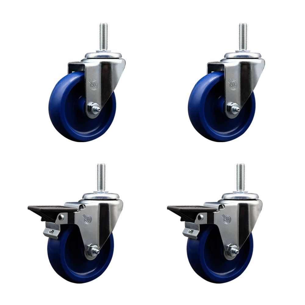 Solid Polyurethane Swivel Threaded Stem Caster Set of 4 w/4" x 1.25" Blue Wheels and 3/4" Stems - Includes 2 with Posi Locking Brake - 1200 lbs Total Capacity - Service Caster Brand — photo 1