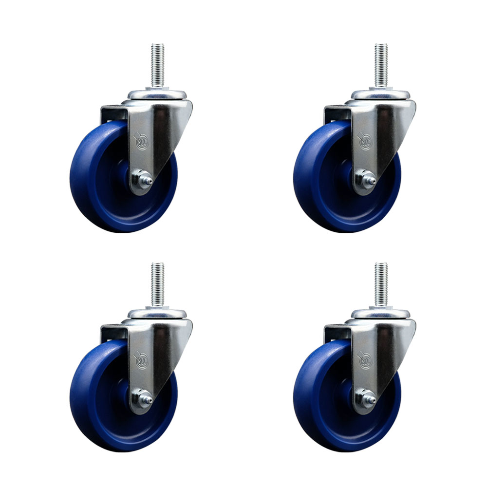 Solid Polyurethane Swivel Threaded Stem Caster Set of 4 w/4" x 1.25" Blue Wheels and 3/4" Stems - Includes 4 Swivel - 1200 lbs Total Capacity - Service Caster Brand — photo 1