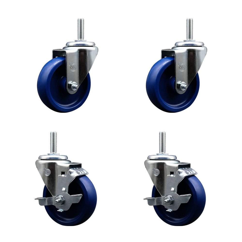 Solid Polyurethane Swivel Threaded Stem Caster Set of 4 w/4" x 1.25" Blue Wheels and 5/8" Stems - Includes 2 with Top Locking Brake - 1200 lbs Total Capacity - Service Caster Brand — photo 1