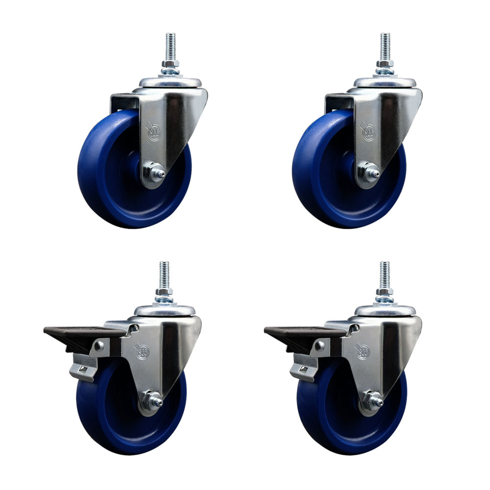 Solid Polyurethane Swivel Threaded Stem Caster Set of 4 w/4" x 1.25" Blue Wheels and 12MM Stems - Includes 2 with Posi Locking Brake - 1200 lbs Total Capacity - Service Caster Brand — photo 1