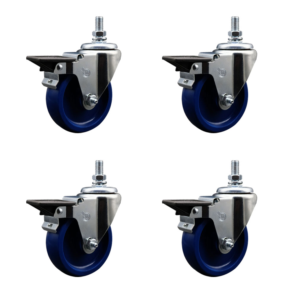 Solid Polyurethane Swivel Threaded Stem Caster Set of 4 w/4" x 1.25" Blue Wheels and 1/2" Stems - Includes 4 with Posi Lock Brakes - 1,200 lbs Total Capacity - Service Caster Brand — photo 1