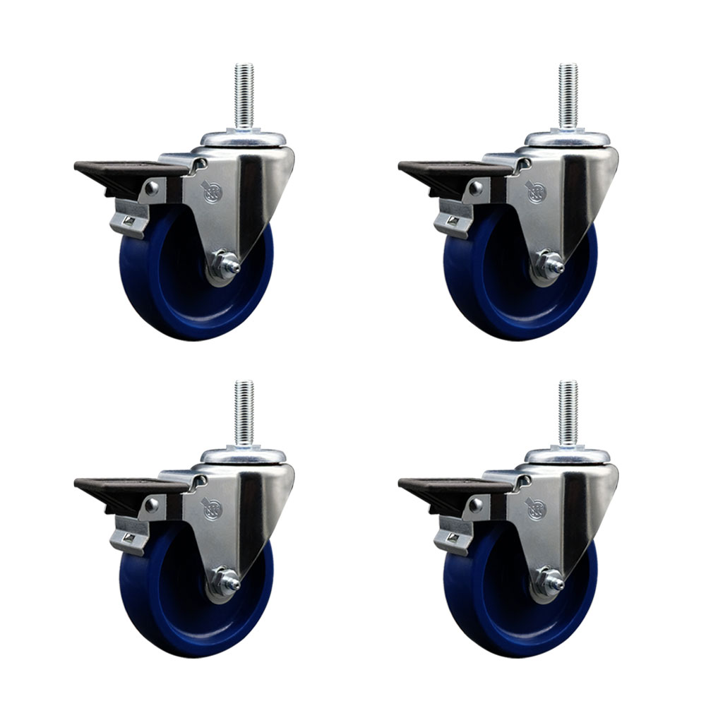 Solid Polyurethane Swivel Threaded Stem Caster Set of 4 w/4" x 1.25" Blue Wheels and 3/4" Stems - Includes 4 with Posi Lock Brakes - 1200 lbs Total Capacity - Service Caster Brand — photo 1