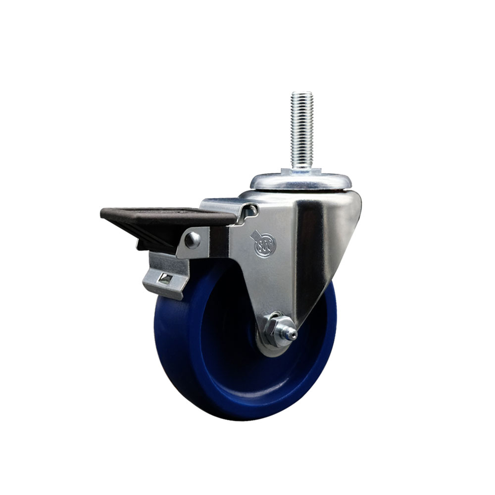 Solid Polyurethane Swivel Threaded Stem Caster w/4" x 1.25" Blue Wheel and 5/8" Stem & Posi Locking Brake - 300 lbs Capacity/Caster - Service Caster Brand — photo 1