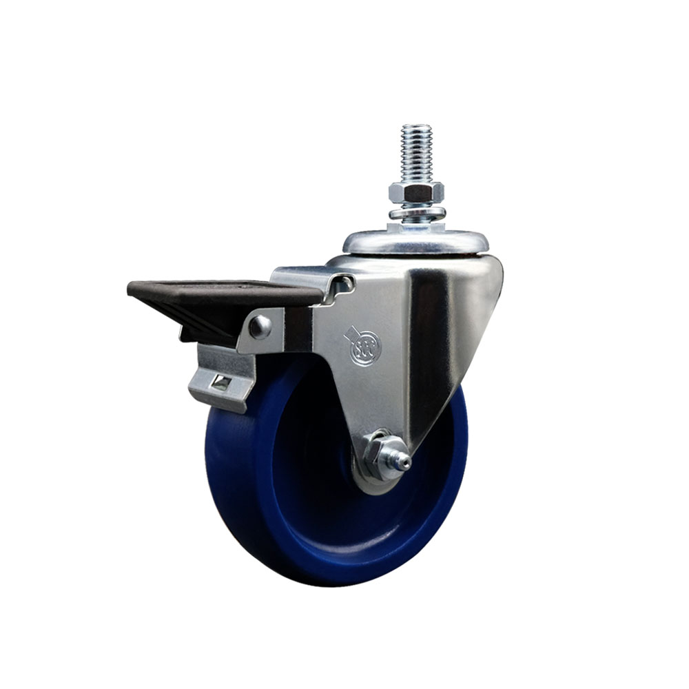 Solid Polyurethane Swivel Threaded Stem Caster w/4" x 1.25" Blue Wheel and 10MM Stem & Posi Locking Brake - 300 lbs Capacity/Caster - Service Caster Brand — photo 1