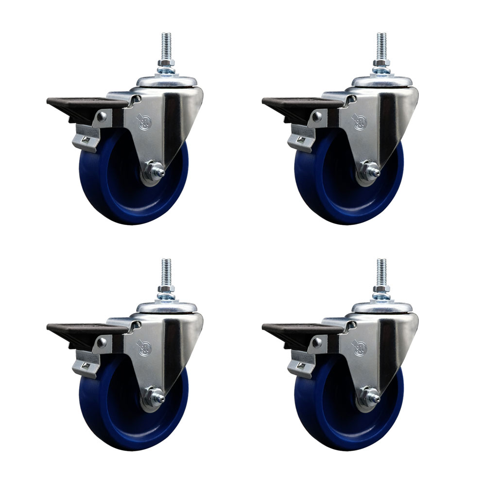 Solid Polyurethane Swivel Threaded Stem Caster Set of 4 w/4" x 1.25" Blue Wheels and 12MM Stems - Includes 4 with Posi Lock Brakes - 1200 lbs Total Capacity - Service Caster Brand — photo 1