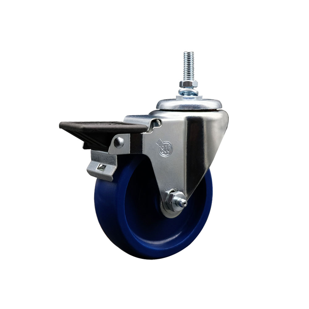 Solid Polyurethane Swivel Threaded Stem Caster w/4" x 1.25" Blue Wheel and 12MM Stem & Posi Locking Brake - 300 lbs Capacity/Caster - Service Caster Brand — photo 1