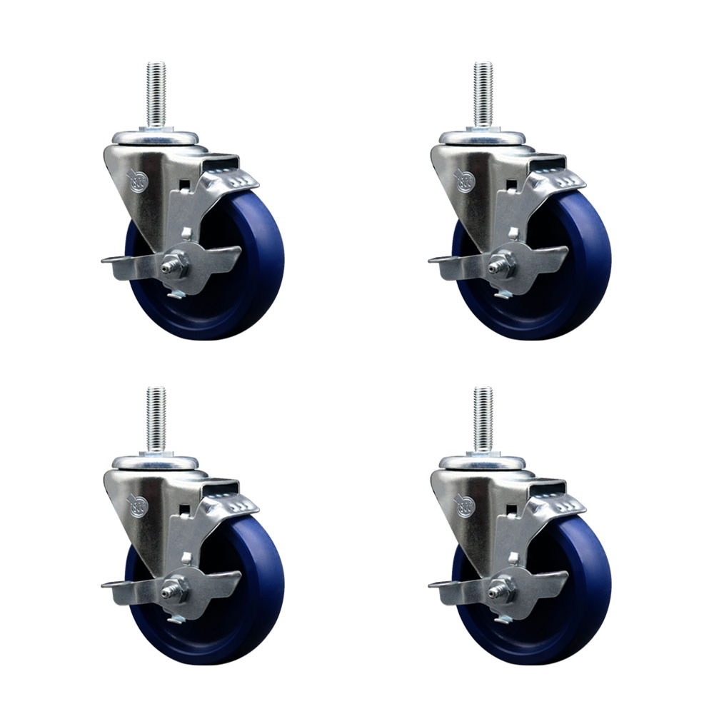 Solid Polyurethane Swivel Threaded Stem Caster Set of 4 w/4" x 1.25" Blue Wheels and 3/4" Stems - Includes 4 with Top Lock Brakes - 1200 lbs Total Capacity - Service Caster Brand — photo 1