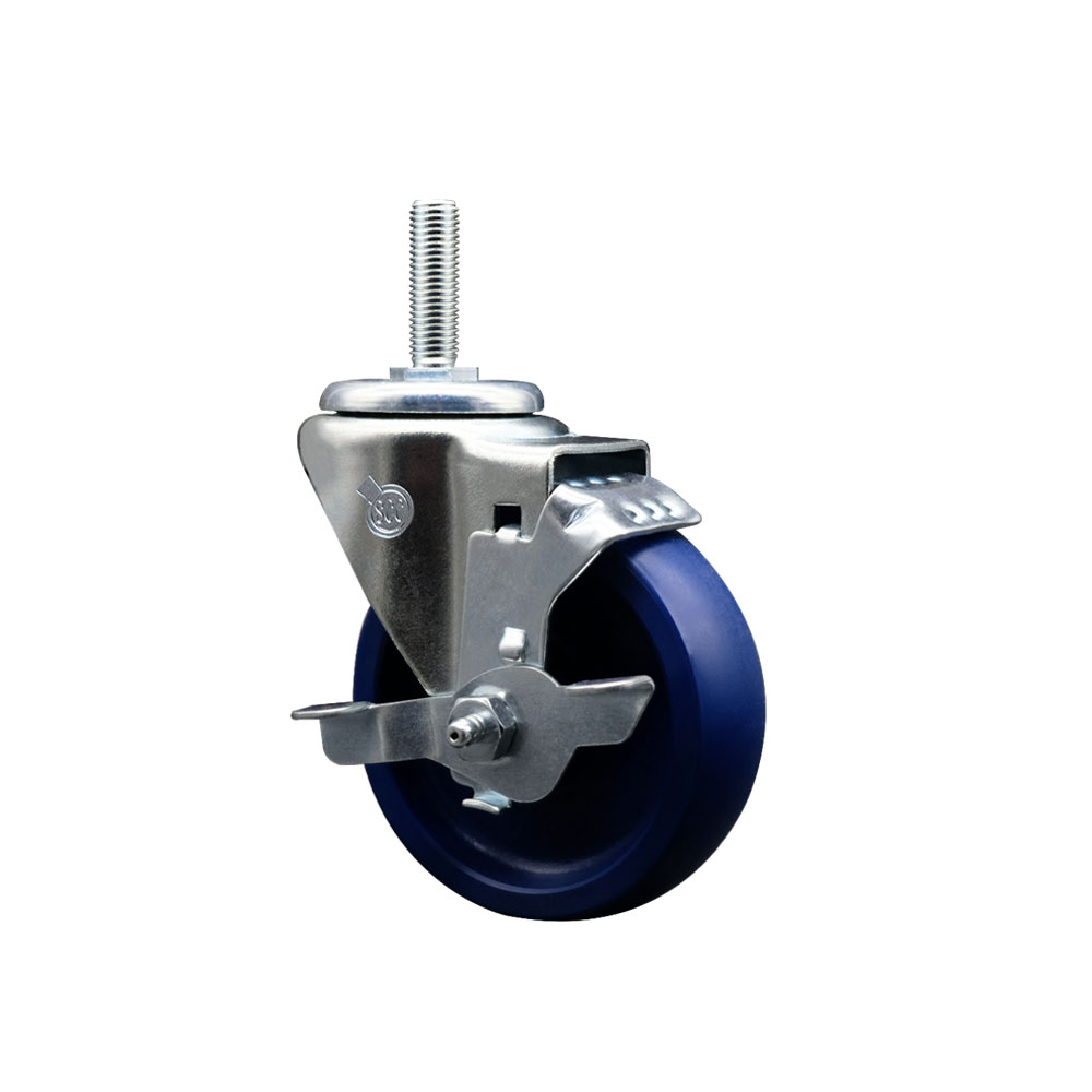 Solid Polyurethane Swivel Threaded Stem Caster w/4" x 1.25" Blue Wheel and 3/4" Stem & Top Locking Brake - 300 lbs Capacity/Caster - Service Caster Brand — photo 1