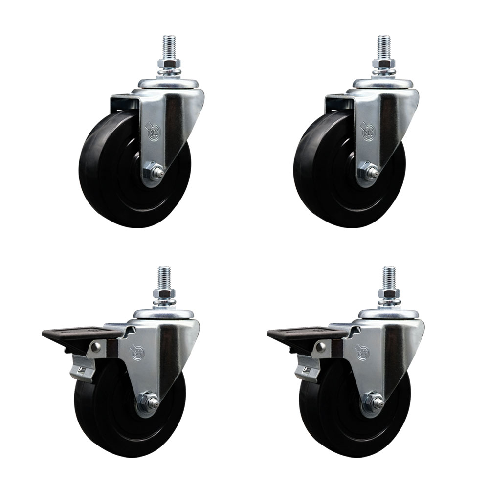 Soft Rubber Swivel Threaded Stem Caster Set of 4 w/4" x 1.25" Black Wheels and 10MM Stems - Includes 2 with Posi Locking Brake - 800 lbs Total Capacity - Service Caster Brand — photo 1