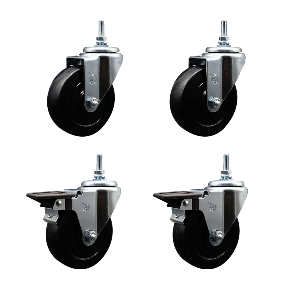 Soft Rubber Swivel Threaded Stem Caster Set of 4 w/4" x 1.25" Black Wheels and 12MM Stems - Includes 2 with Posi Locking Brake - 800 lbs Total Capacity - Service Caster Brand — photo 1