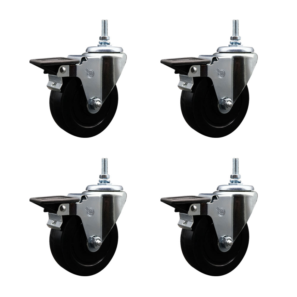 Soft Rubber Swivel Threaded Stem Caster Set of 4 w/4" x 1.25" Black Wheels and 3/8" Stems - Includes 4 with Posi Lock Brakes - 800 lbs Total Capacity - Service Caster Brand — photo 1
