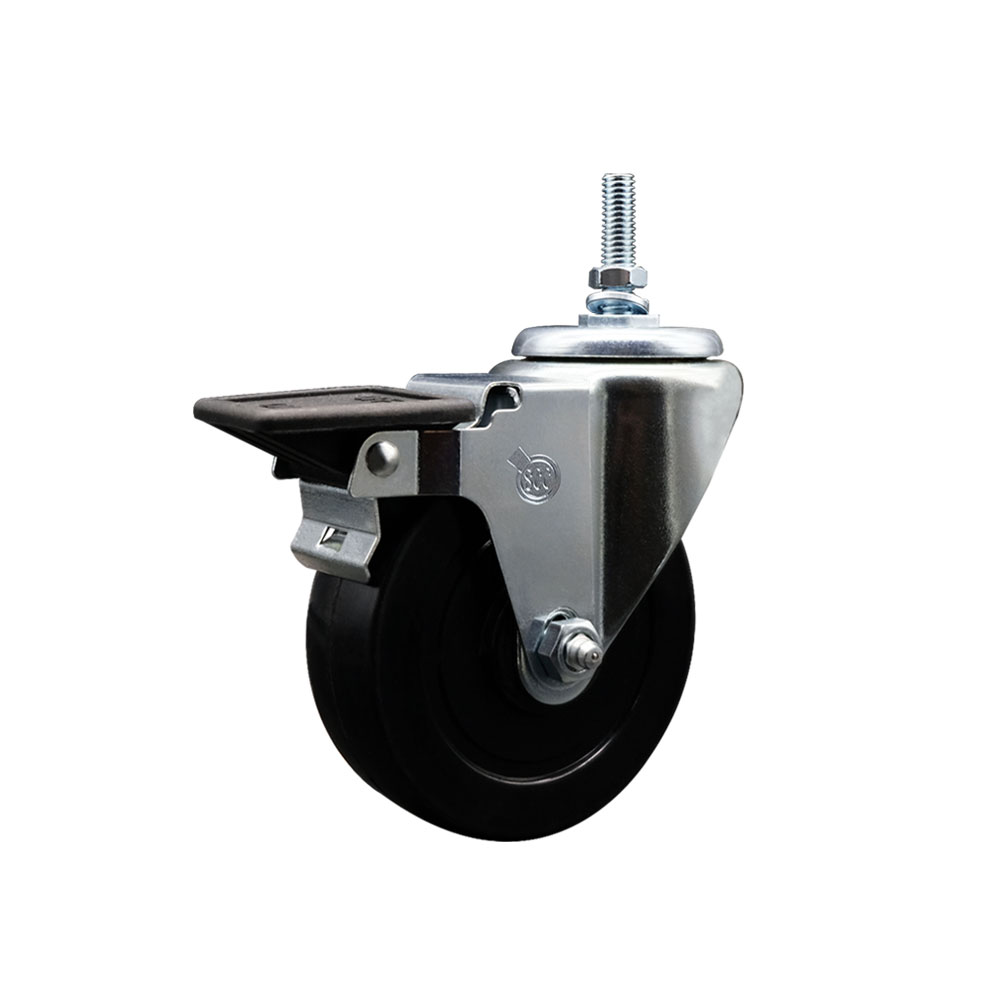 Soft Rubber Swivel Threaded Stem Caster w/4" x 1.25" Black Wheel and 3/8" Stem & Posi Locking Brake - 200 lbs Capacity/Caster - Service Caster Brand — photo 1
