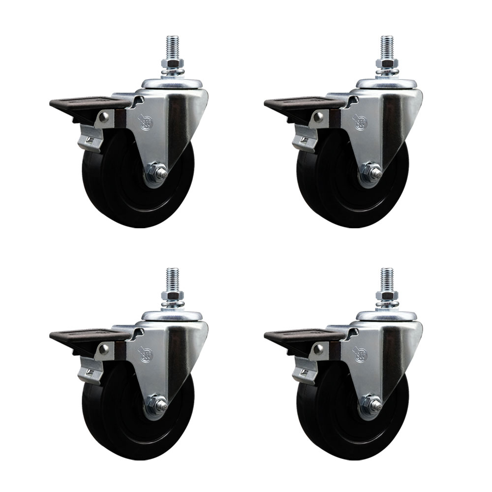 Soft Rubber Swivel Threaded Stem Caster Set of 4 w/4" x 1.25" Black Wheels and 10MM Stems - Includes 4 with Posi Lock Brakes - 800 lbs Total Capacity - Service Caster Brand — photo 1