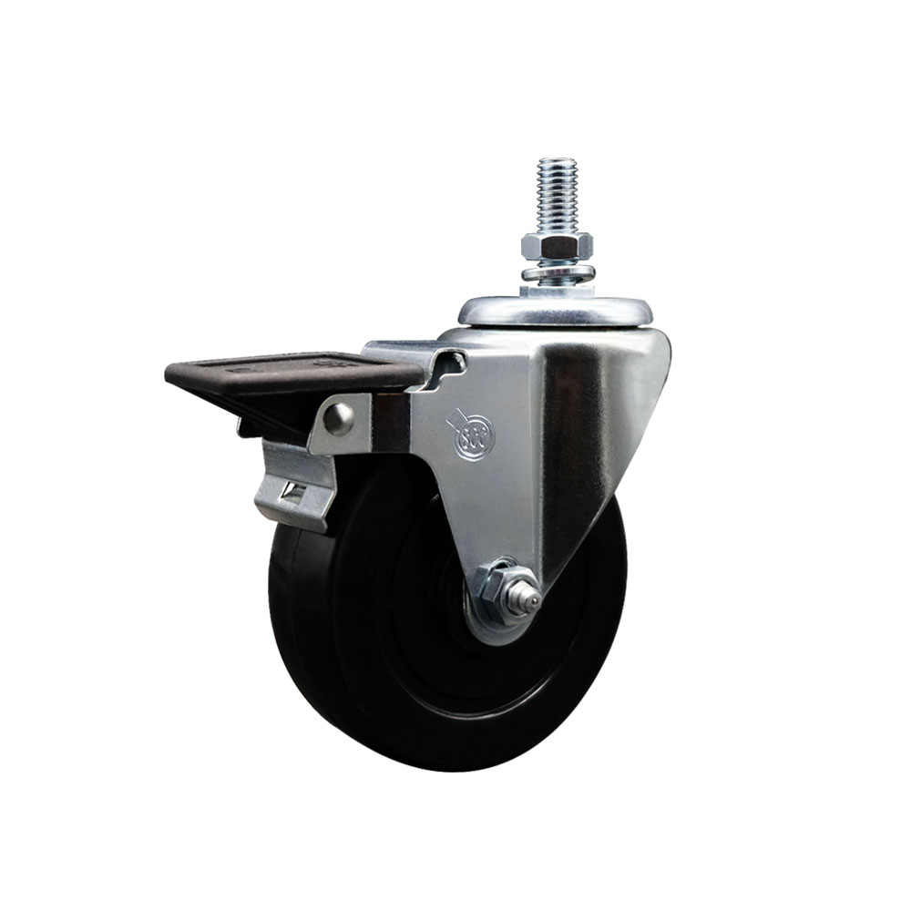 Soft Rubber Swivel Threaded Stem Caster w/4" x 1.25" Black Wheel and 10MM Stem & Posi Locking Brake - 200 lbs Capacity/Caster - Service Caster Brand — photo 1