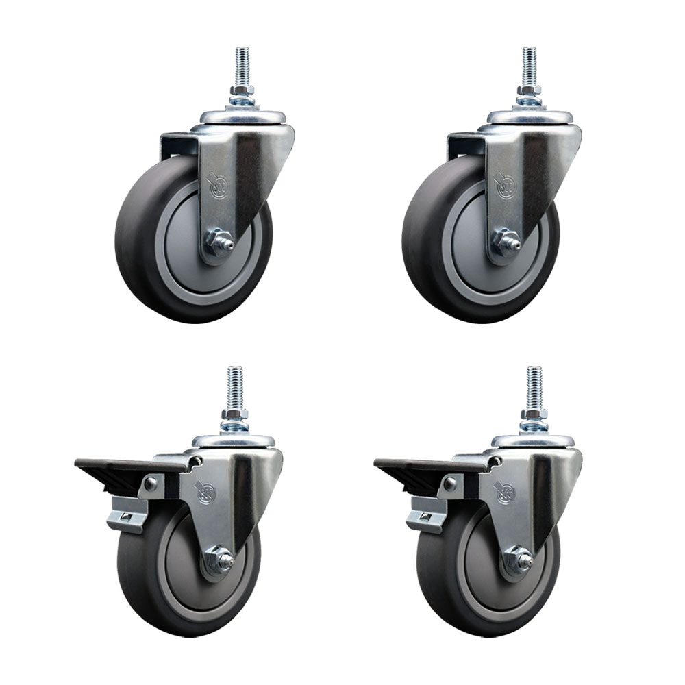 Thermoplastic Rubber Swivel Threaded Stem Caster Set of 4 - 4" x 1.25" Gray Wheels and 3/8" Stems - Includes 2 with Posi Locking Brake - 1000 lbs Total Capacity - Service Caster Brand — photo 1