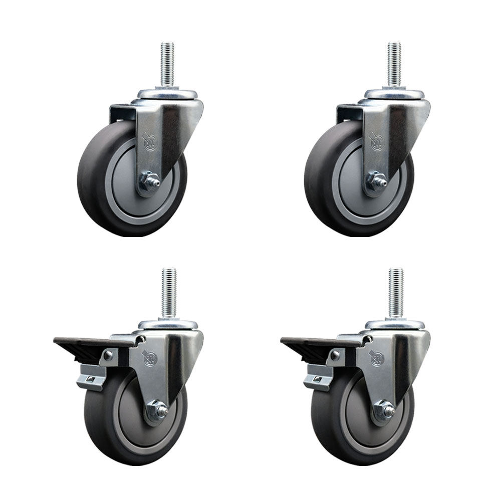 Thermoplastic Rubber Swivel Threaded Stem Caster Set of 4 - 4" x 1.25" Gray Wheels and 5/8" Stems - Includes 2 with Posi Locking Brake - 1000 lbs Total Capacity - Service Caster Brand — photo 1