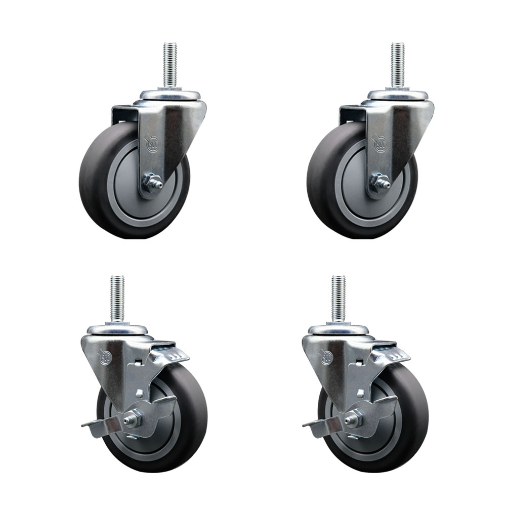 Thermoplastic Rubber Swivel Threaded Stem Caster Set of 4 - 4" x 1.25" Gray Wheels and 3/4" Stems - Includes 2 with Top Locking Brake - 1000 lbs Total Capacity - Service Caster Brand — photo 1