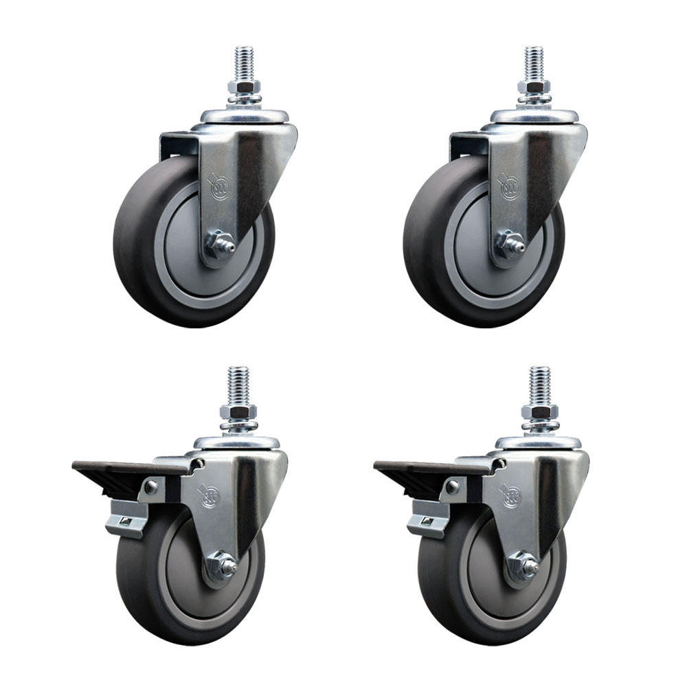 Thermoplastic Rubber Swivel Threaded Stem Caster Set of 4 - 4" x 1.25" Gray Wheels and 10MM Stems - Includes 2 with Posi Locking Brake - 1000 lbs Total Capacity - Service Caster Brand — photo 1