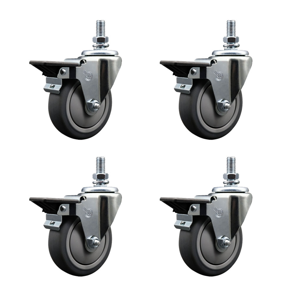 Thermoplastic Rubber Swivel Threaded Stem Caster Set of 4 w/4" x 1.25" Gray Wheels and 1/2" Stems - Includes 4 with Posi Lock Brakes - 1000 lbs Total Capacity - Service Caster Brand — photo 1