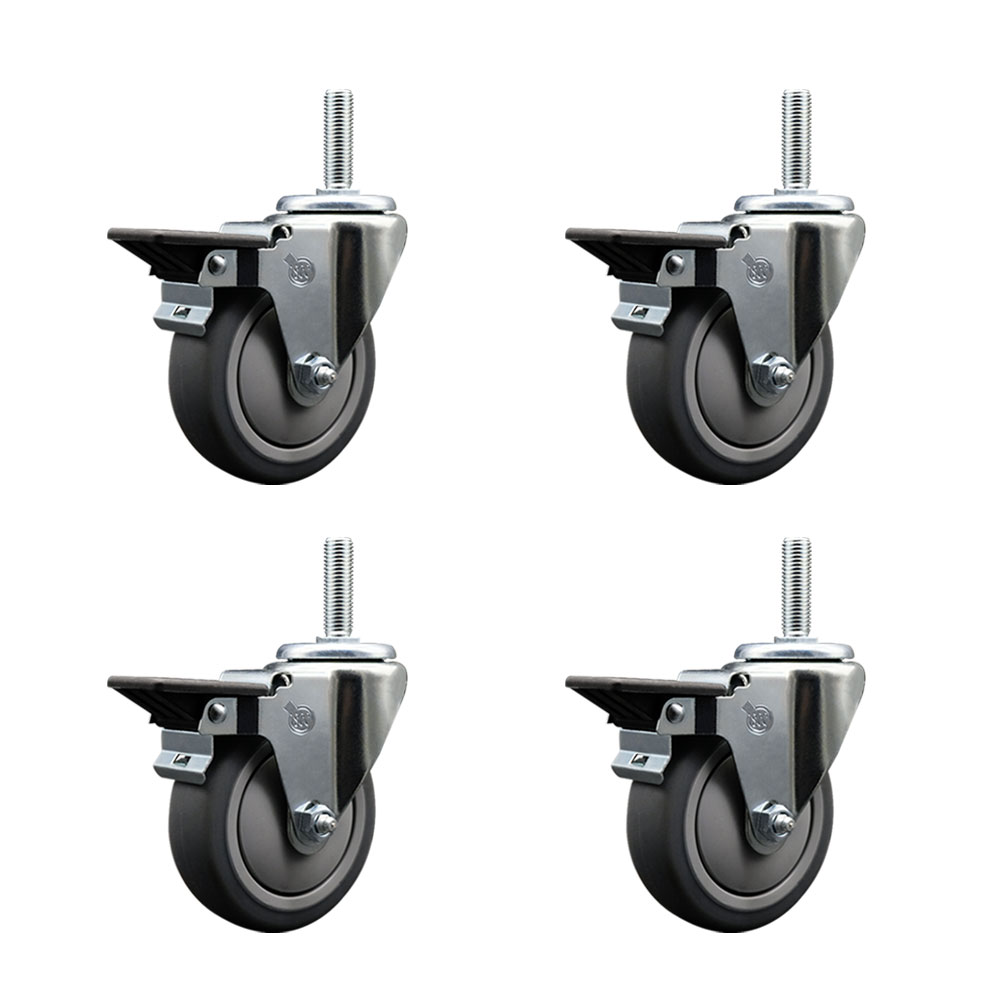 Thermoplastic Rubber Swivel Threaded Stem Caster Set of 4 w/4" x 1.25" Gray Wheels and 5/8" Stems - Includes 4 with Posi Lock Brakes - 1000 lbs Total Capacity - Service Caster Brand — photo 1