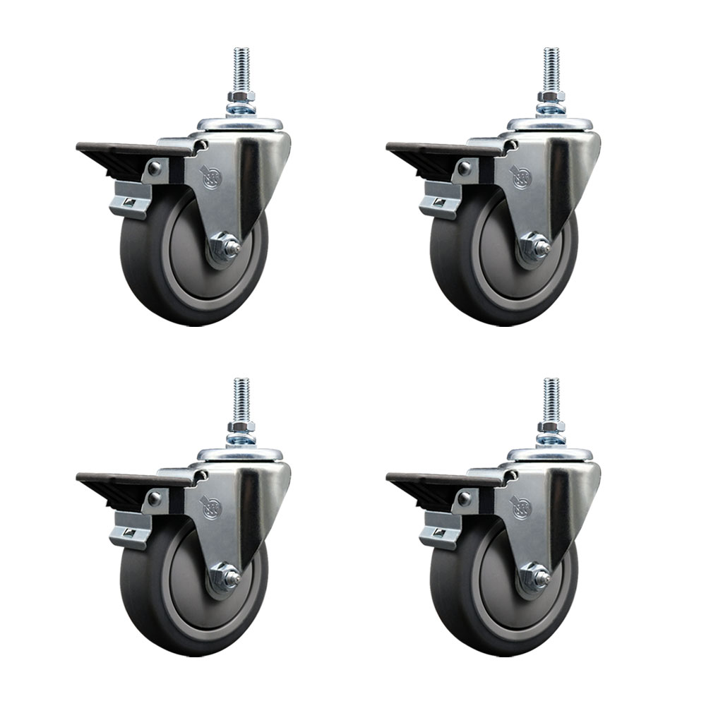Thermoplastic Rubber Swivel Threaded Stem Caster Set of 4 w/4" x 1.25" Gray Wheels and 12MM Stems - Includes 4 with Posi Lock Brakes - 1000 lbs Total Capacity - Service Caster Brand — photo 1